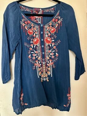 Johnny Was Olivia Blue Night Boho Embroidered Henley Blouse Top Size XS